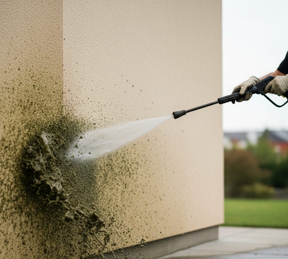 mycie elewacji z glonów za pomocą myjki ciśnienieowej